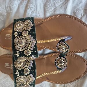 Embellished Green and Gold Sandals